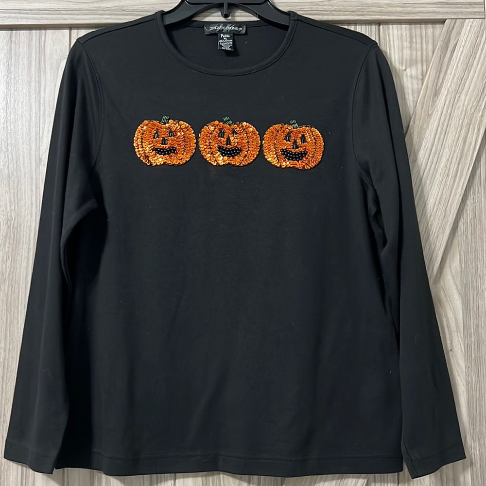 Halloween Sequined Pumpkin Long Sleeve Knit Top by Designers Original Sz…